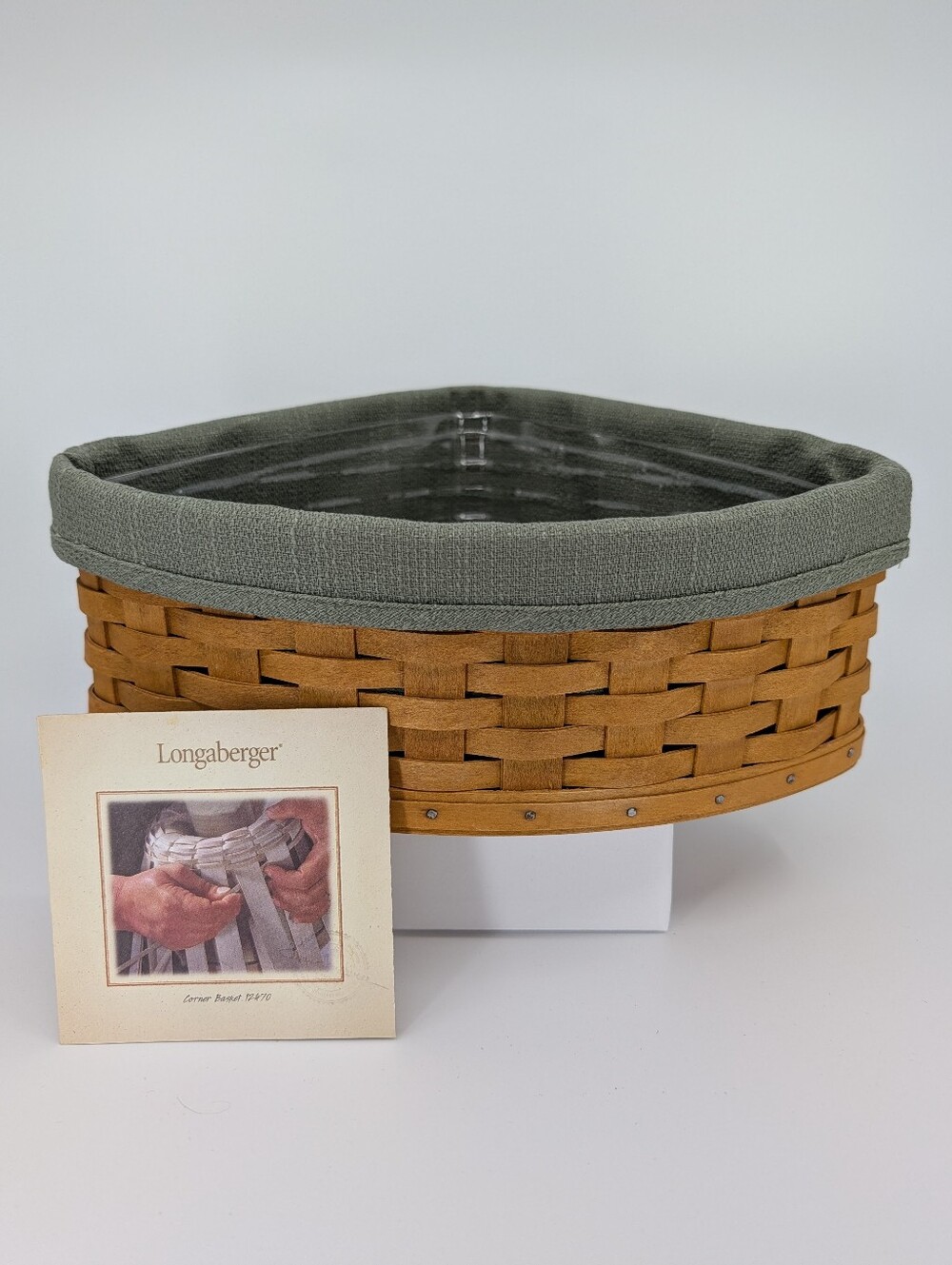 Longaberger Corner Basket with Sage Green Liner & Protector 12470